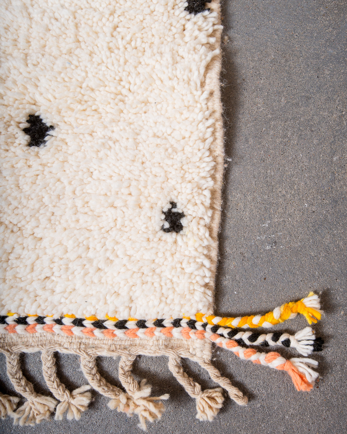 Modern, designer, handcrafted Berber rug from Morocco. Beniourain carpet with beautiful colours and patterns and fluffy wool texture.